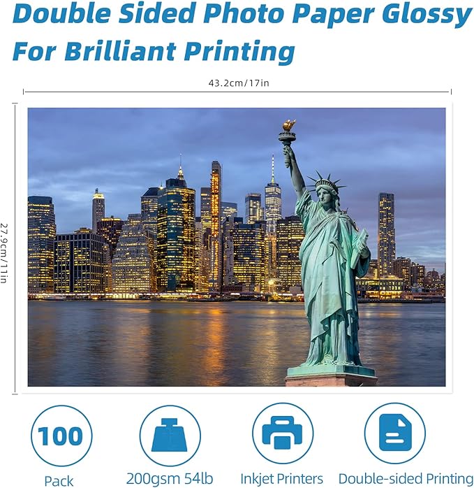 UinkitDouble Sided Photo Paper Glossy 8.5x11 54lbs Inkjet for Dye Ink 200Gsm Value Bulk Pack Picture 8.5 x 11 9.5Mil for Inkjet Printing Printer (100, 11x17)