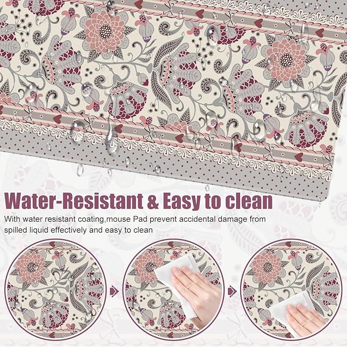 Cute Desk Mat, Large Desk Matt for Desktop, Woman DeskPad Mat, XXL Big Mouse Pad, Anti-Slip Mousepad with Stitched Edges,Keyboard Pad Mouse Mat Cover for Computer 35.4×15.7 in,Cream Flowers