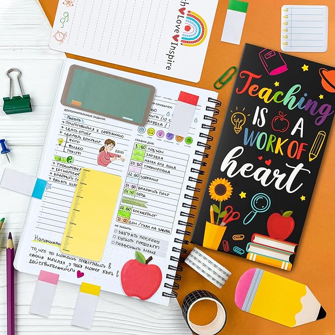 Xqumoi 2 Pcak Teaching is A Work of Heart Sticky Notes Set - Blackboard Pencil Apple Self-Stick Note Pads Teacher Appreciation Gift Writing Memo Pads Page Marker Back to School Office Supplies (Black)