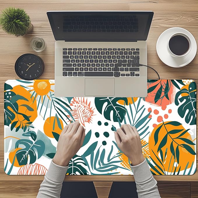 Tropical Leaves Large Mousepad 31.5 x 15.7 inch, XXL Waterproof Desk Mat Gaming Mouse Pad, Aesthetic Flowers Desktop Mat, Laptop Pad, Computer Writing Mat for Home Office Desk Decor