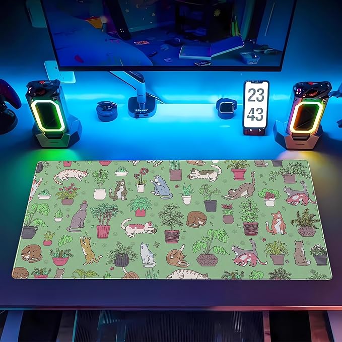 Cat Mouse Pad Green Desk Mat XXL Large Gaming Mousepad Sage Green Mouse Pads Cute Kawaii Bohemian Computer Mat Keyboard and Mouse Pad Office Desk Decor 31.5 x 15.7 in