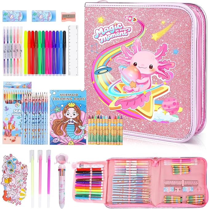 72PCS Fruit Scented Markers Set - Art Coloring Drawing Kits for Kids with Axolotl Pencil Case, Art Supplies for Kids Ages 4 6 8,Stationary Set Pencil,Crayon&Markers Stuff,Birthday Gifts Toys for Girls