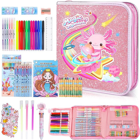 72PCS Fruit Scented Markers Set - Art Coloring Drawing Kits for Kids with Axolotl Pencil Case, Art Supplies for Kids Ages 4 6 8,Stationary Set Pencil,Crayon&Markers Stuff,Birthday Gifts Toys for Girls