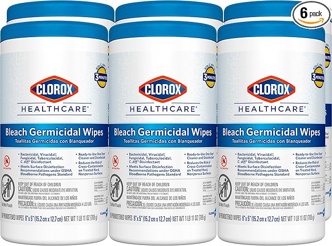 Clorox Healthcare Bleach Germicidal Wipes, 6" x 5", 150 Count Canister, Pack of 6 (Package May Vary)