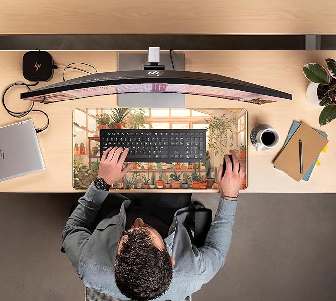 Cute Plant Lover Desk Mat Cozy Mouse pad Beige, XXL Large Extended Earthy Brown Green Aesthetic Floral Mousepad Gaming Desk Pad, Big Laptop Keyboard and Mouse Mat with Stitched Edges 31.5x15.7 in