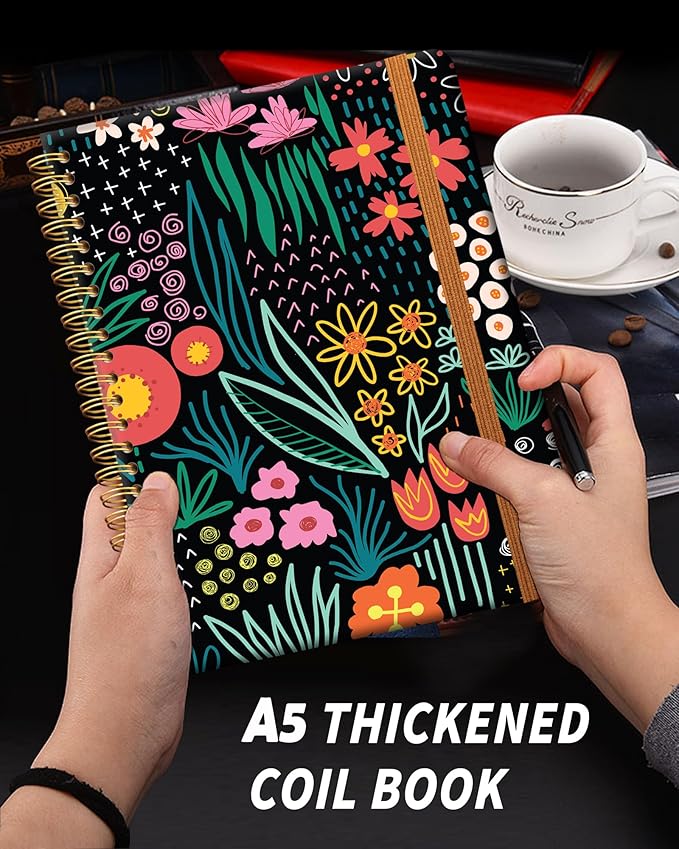 Ruled Spiral Writing Notebook,A5 Hardcover Lined College Journal for Women,Strong Twin-Wire Binding with Premium Paper,8.4" X 6",Perfect for School,Office,Home(Colorful Garden Flowers)