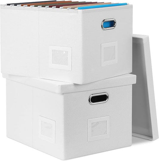 File Organizer Box, Collapsible Storage Filling Box with Lid for Letter Legal Size Hanging Folders Decorative Linen File Folder Box Document Storage Filing Bin, White 2 Pack