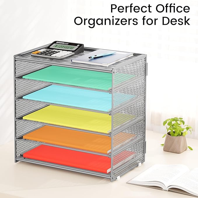6 Tier Paper Organizer, Metal Mesh Desk File Folder, Letter Tray Organizer, Paper Sorter Desk Organizers for Office, Home or School File Folder Holder - Silver