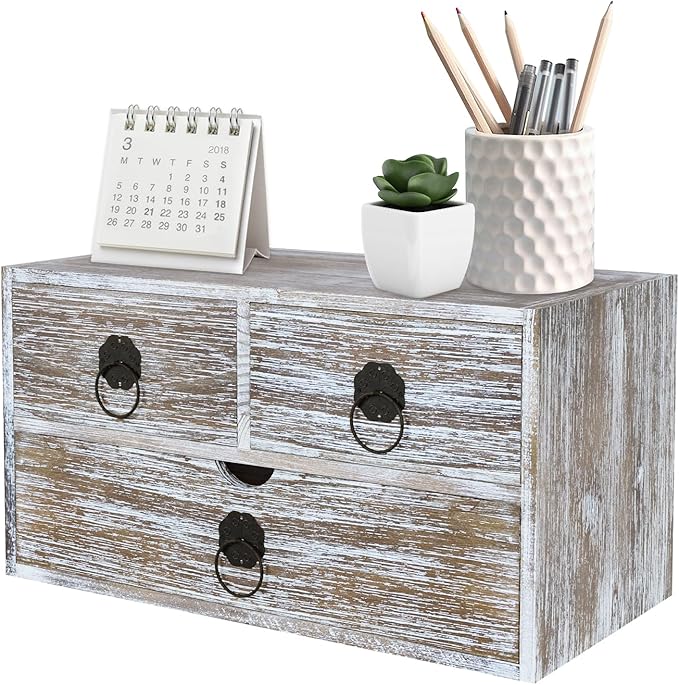 Washed Brown Wood Desk Organizer, Desktop Organizer with Drawers, Mini Tabletop Storage Organization Container for Home Office Supplies, No Assembly Required (3 Drawer)