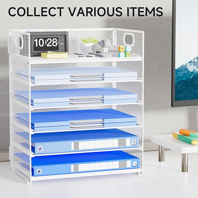 6 Tier Paper Organizer for Desk File Organizer with Handle Mesh Paper Letter Tray Organization for Desktop Document Holder for Office, Home & School-White