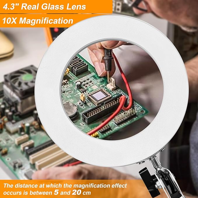 10X Magnifying Glass with Light and Stand, 2-in-1 LED Magnifier Desk Lamp, 3 Color Modes 10 Level Dimmable, Hands-Free Lighted Magnifier for Craft Repair Nail Reading Close Works (White, Base)