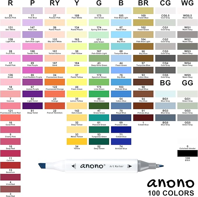 anono 100 Colors Alcohol Markers Set, Coloring Markers with Chisel and Fine Tips, Includes Carrying Case, Suitable for Book Painting and Coloring, White Barrel