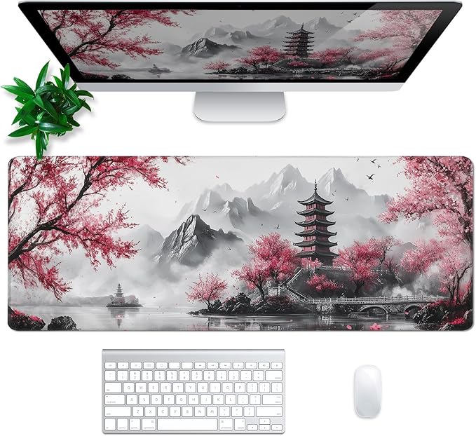 Pagoda Mouse Pad Abstract Cherry Blossom Watercolor Mouse Pad 31.5x11.8 Inch Texture Non-Slip Rubber Base Large Mousepad Stitched Edges Keyboard Mouse Mat Desk Pad for Office and Home