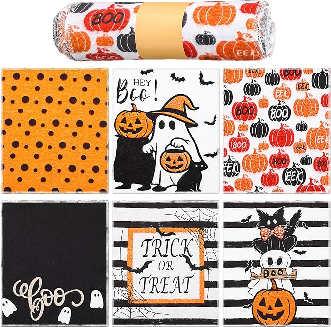 36 Pcs Halloween Reusable Paper Towels Rolls Washable Bulk Halloween Boo Pumpkin Kitchen Towels Paperless Reusable Cloth Cotton Napkins with Cardboard for Kitchen Bathroom