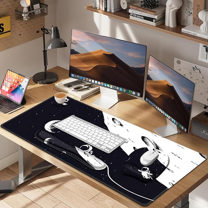 Large Mouse Pad, Keyboard Wrist Rest Set, Ergonomic Mouse Pad with Wrist Support, Desk Mat with Stitched Edges + Coaster, Extended Desk Pad Waterproof Desk Mat for Home Office Game I Space Astronaut