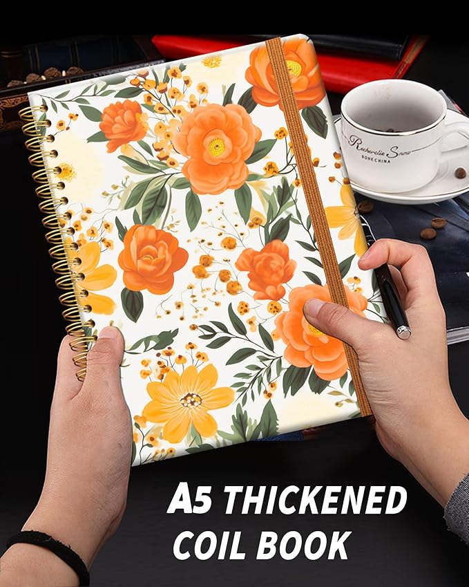 Ruled Spiral Writing Notebook,A5 Hardcover Lined College Journal for Women Lady Girl,Strong Twin-Wire Binding with Premium Paper,8.4" X 6",Perfect for School,Office,Home Gifts(orange flower)