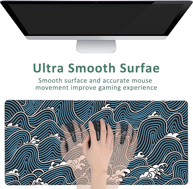 Extended Gaming Mouse Pad Abstract Ocean Waves Large Mousepad with Stitched Edges,Anti-Slip Rubber Base Keyboard Mouse Mat Desk Pad for Gaming Home Office 35.4 x 15.7 inches