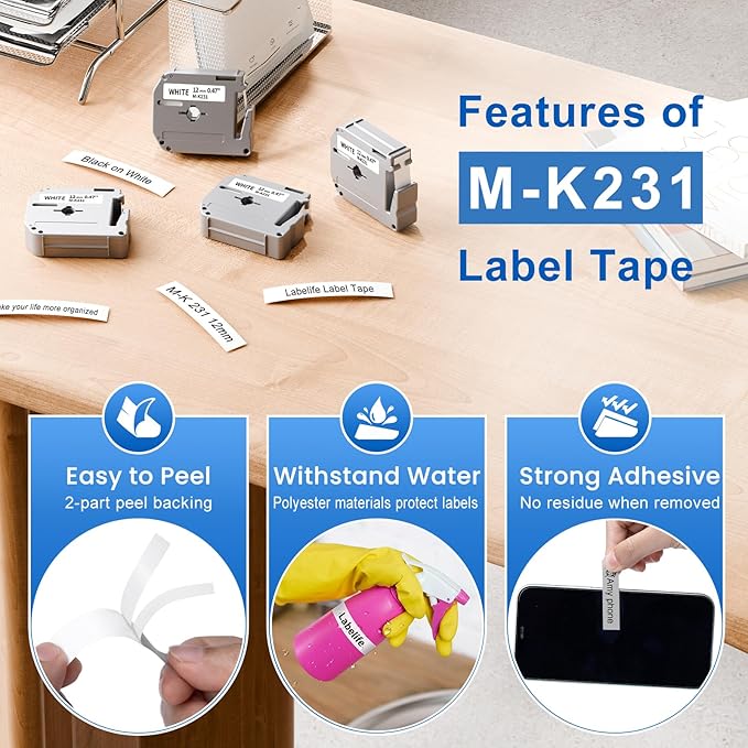 10 Pack Labelife M-K231s Label Tape Compatible with Brother P Touch M Tape M-K231 MK231 M-231 M231 12mm 0.47 1/2 for Brother Ptouch PT-M95 PT-80 PT-70 PT-65 PT-45 Label Makers, Black on White