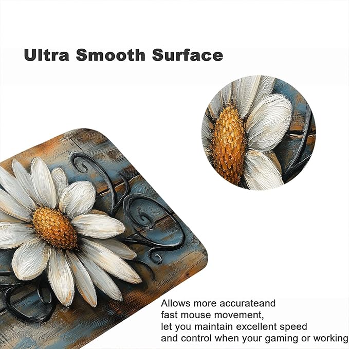 Rustic White Daisy Desk Pad Floral Farmhouse Spring Country Extended Gaming Mouse Mat with Stitched Edge Non-Slip Base Big Office Computer Keyboard Laptop Home 31.5"x11.8"