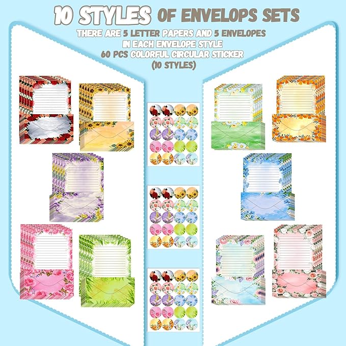 TaoBary 160 Pcs Stationery Paper Set 50 Double Sided Stationery Papers with 50 Matching Envelopes and 60 Round Dot Sticker, 10 Design(Flower,8.5 x 11 Inch)
