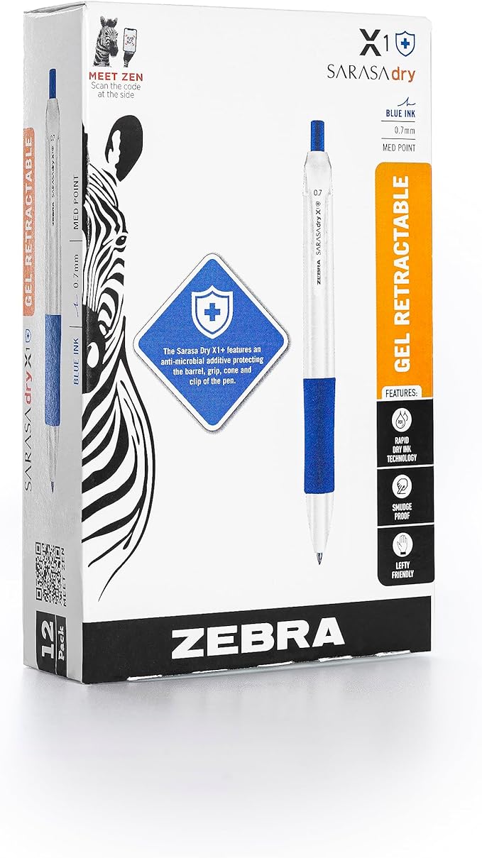 Zebra Pen Sarasa Dry X1+ Retractable Gel Pen, Plastic Barrel with Protective Coating, Medium Point, 0.7mm, Blue Ink, 12-Pack
