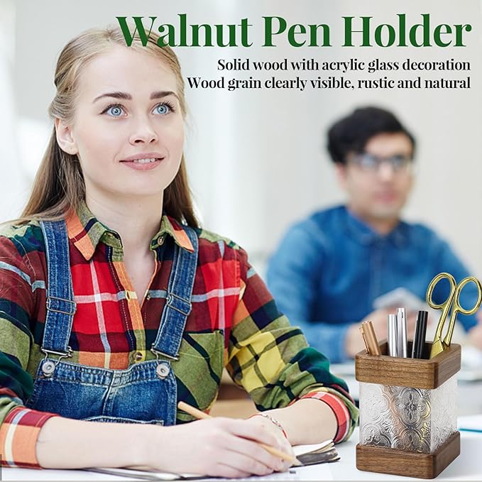 MultiBey Walnut Wooden Pencil Holder, Clear Acrylic and Wood Pen Holder, Black Walnut Desktop Pencil Cup Stand Wood Desk Accessory Organizer for School Office Home Supplies