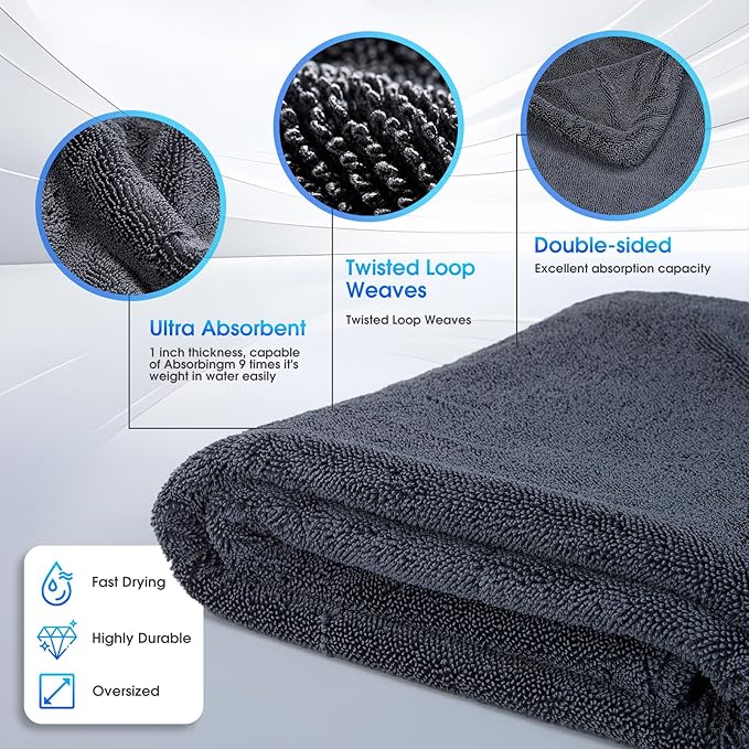 BMLEI Car Drying Towel, 48"x24" Extra Large Twisted-Loop Car Cleaning Towel,1300GSM Super Absorbent, Streak Free Microfiber Cleaning Cloth for Cars, Trucks,Full-Sized SUVs