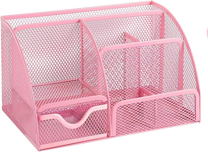 Pink Mesh Pen Holder and Organizer Office Supplies with 7 Compartments, Desktop Organizer with Drawer, Metal Pen Holder for Desk, ‎9.1" x 5.9" x 5.5''