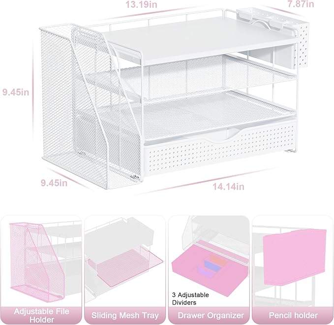 Wood Desk Organizers and Accessories with File Holder, 4-Tier Desk Accessories & Workspace Organizers with Drawer and Pen Holder, Paper Organizer for Office Supplies (White)
