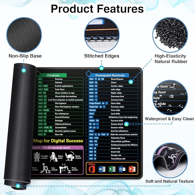 Excel Cheat Sheet Mouse Pad, Extra Large Excel Shortcuts Desk Mat, XXL 35.4"x15.7" Waterproof Keyboard Mousepad for Full Desk Office Work Computer Gaming Mouse Mat with Stitched Edges Anti-Slip