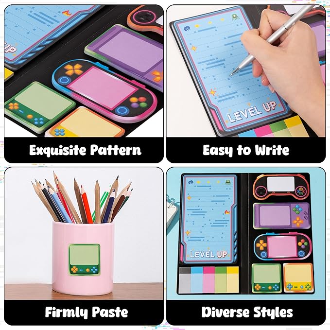 B1ykin Sticky Notes Set, Cartoon Video Game Theme Self-Stick Notes Pad Teacher Appreciation Gifts， Self-Adhesive Writing Memo Pages Sticky to Do Notepad for Employee School Office (Light Video Game)