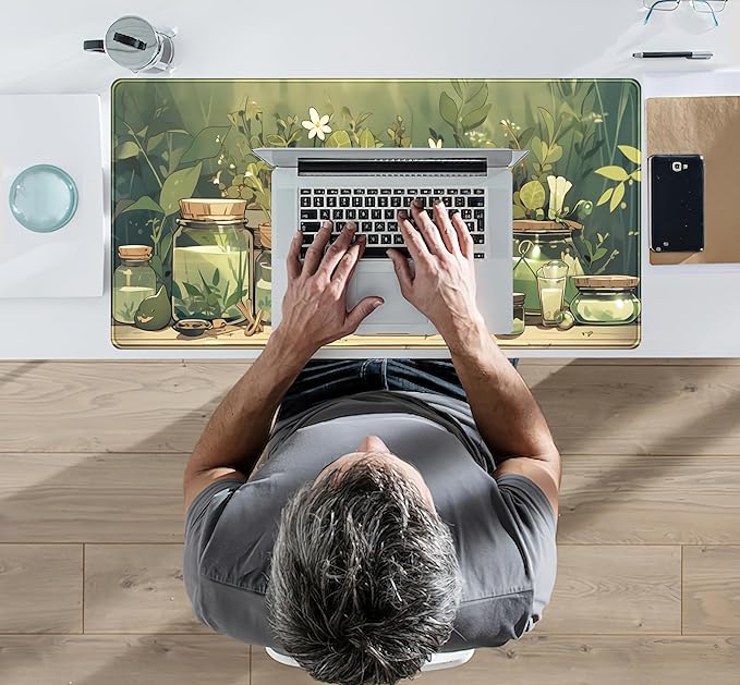 Cute Desk Mat Green Plant Cat Kawaii Sage Mouse Pad Gaming XXL Large Mousepad Extended Desk Matt for Desktop, Laptop Computer Keyboard Mouse Mat for Women Office Decor Accessories 31.5''x15.7''