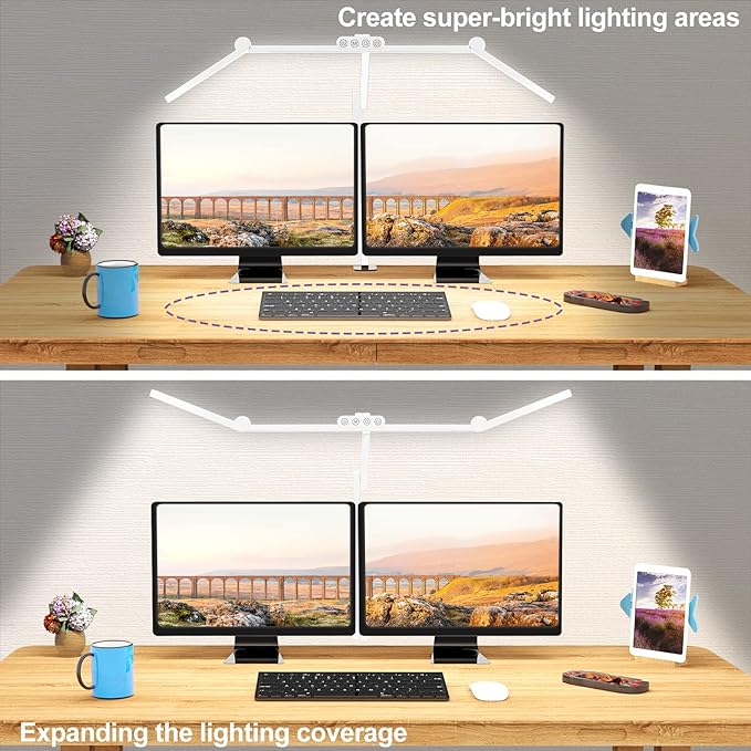 Micomlan Led Desk Lamp for Home Office, White Architect Desk Lamp with Clamp for Crafting, 24W Bright Rotatable Led Table Light Stepless Dimming Tempering Wide Computer Light with Atmosphere Lighting