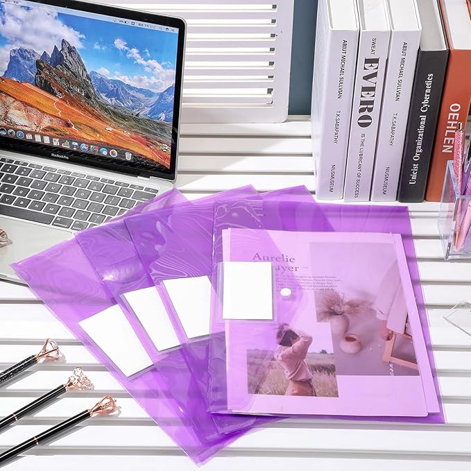 Yeaqee 50 Pcs Plastic Envelopes Poly Envelopes File Folders with Snap Button Closure Clear Folders for Documents US Letter A4 Size Filing Holder with Label Pocket for Home Office School(Purple)