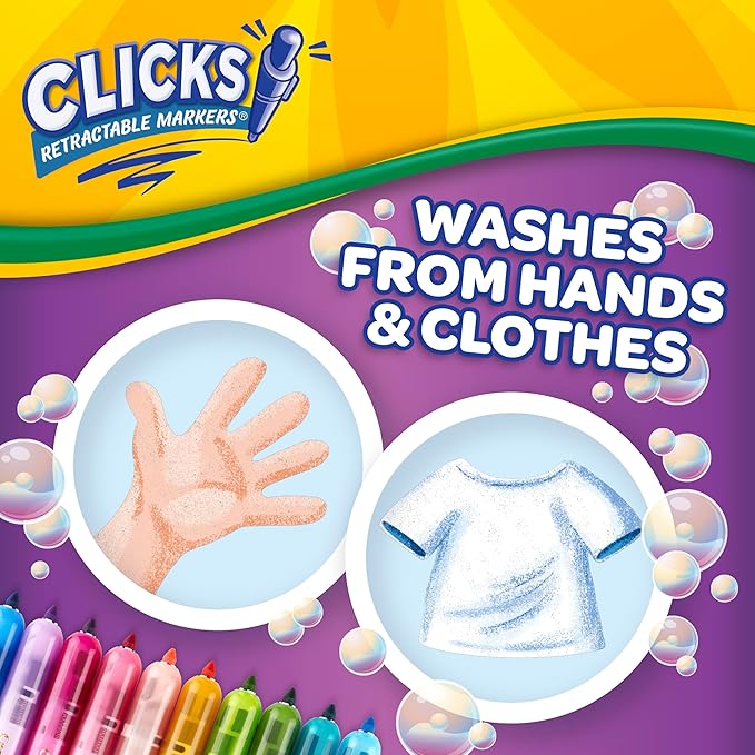 Crayola Clicks Retractable Markers - Bold (10ct), No Dry Washable Markers for Kids, Click Markers for School, Must Have Coloring Supplies, Gifts