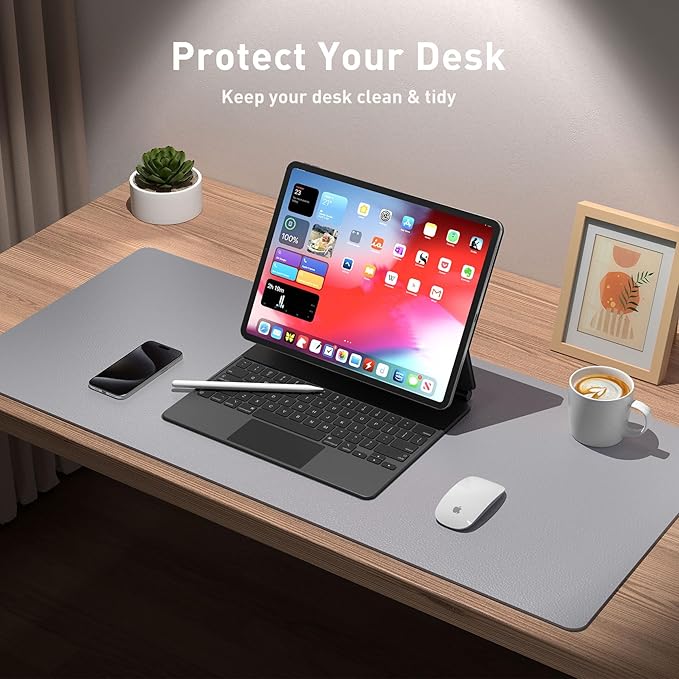 Aothia Leather Desk Pad Protector, Mouse Pad, Office Desk Mat, Non-Slip PU Leather Desk Blotter, Laptop Desk Pad, Waterproof Desk Writing Pad for Office and Home (23.6" x 13.7", Light Grey)