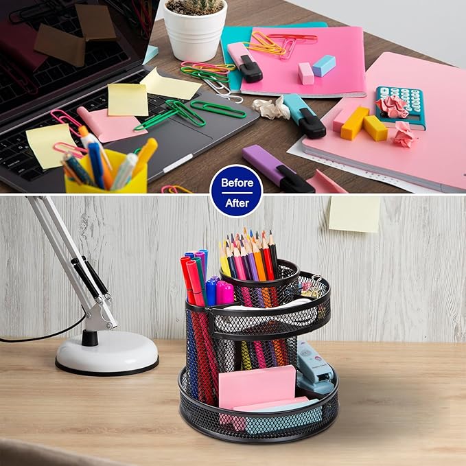 Comix 360° Rotating Pen Holder for Desk, 9 Compartments Office Desk Organizer, Black Mesh Metal Pencil Holder Cup for Office Home School