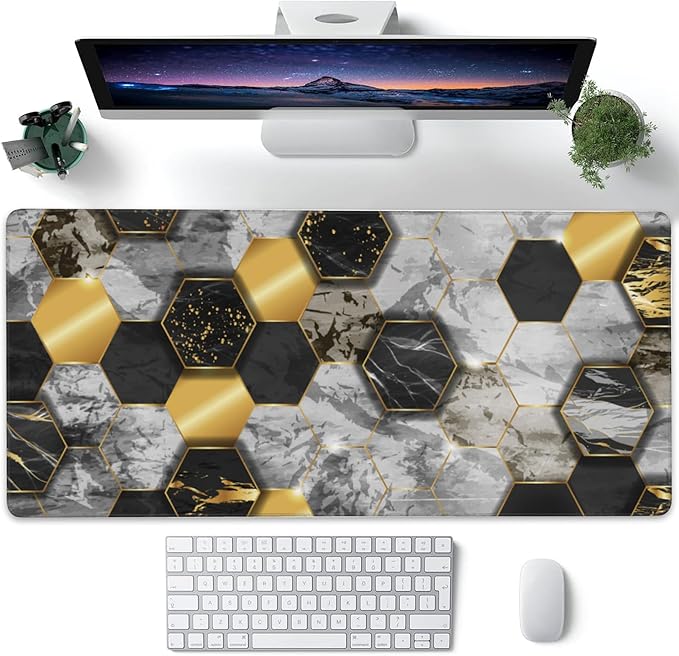 Desk Pad, Black Golden Honeycomb Marble Hexagon Extended Large Gaming Mouse Pad for Desk XXL, Large Desk Mat for Desktop with Non-Slip Rubber Base Stitched Edges for Home Office Desk 35.4"X15.7"