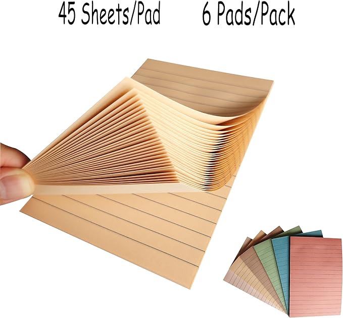 Lined Sticky Notes 4x6 Inches, 6 Vintage Colors Large Sticky Notes with Lines, Super Sticking Power Memo Pads, Total 270 Sheets