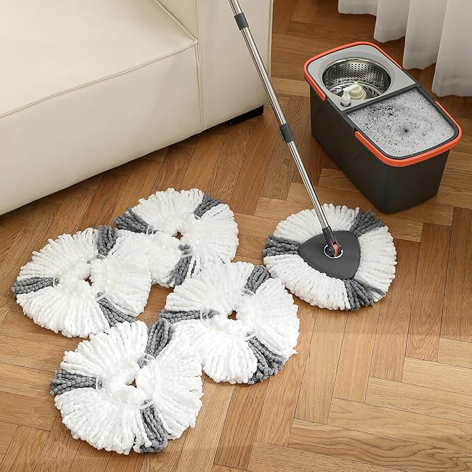 HOLJUS Spin Mop and Detachable Bucket Set with 5 Reusable Microfiber mop Head Dual-Chamber Water System Spining Mop Floor Cleaning Kit for Hardwood Tile Laminate Floors (Gray)