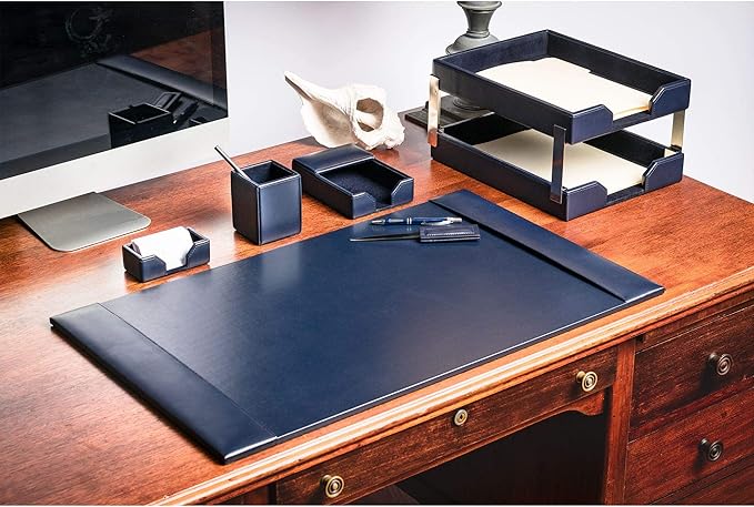 DACASSO Bonded Leather Desk Set - Luxury Leather Desk Pad & Desk Organization Essentials (Navy Blue, 8 Piece)
