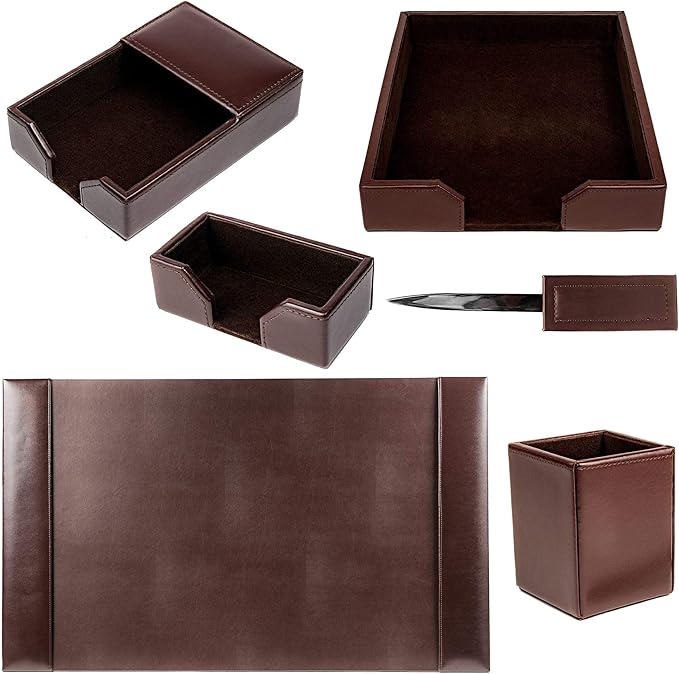 Dacasso Bonded Set Luxury Leather Desk Pad & Desk Organization Essentials, 6 Piece, Dark Brown