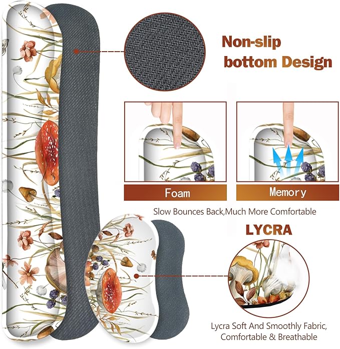 ARTSO Large Gaming Mouse Pad, Keyboard Wrist Rest Pad & Wrist Support Mousepad Set, Stitched Edge, Extended, Non-Slip Base, Memory Foam Desk Mat for Office, Home, Mushroom Plants