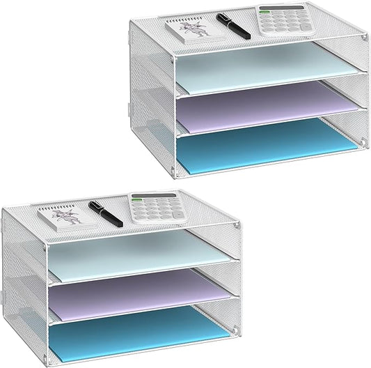 DALTACK 3 Tier Letter Tray Paper Organizer Mesh Metal Desk File Organizer for Home & Office, White 2 Pack