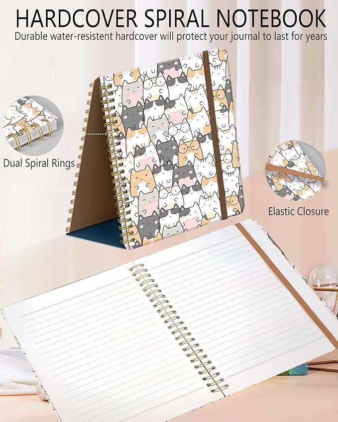 Spiral Journal Notebook, A5 Cute Notebooks for Women Men, College Ruled Hardcover Notebook for Work & Note Taking, 60 Pages Double-Wire Journals for Writing, Cute Gentle Cats