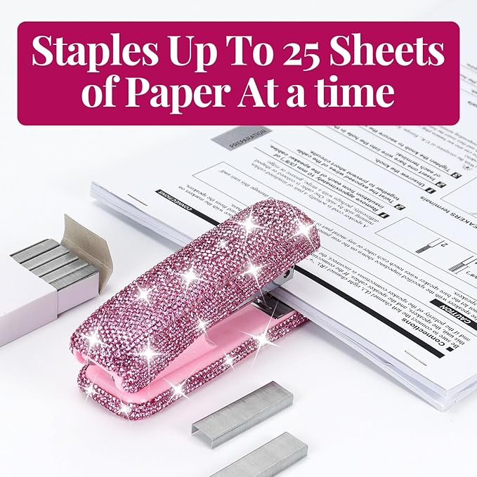 Multibey Rhinestone Stapler for Desk, Bling Crystal Handmade Stapler with 2000 Staples, Office Desktop Dazzling Staplers Rhinestone Desk Accessories for Women Office (Pure Pink