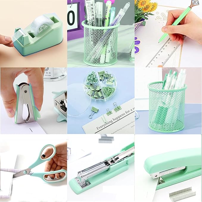 Green Office Supplies, Purple Desk Accessories, Stapler, Staple Remover, Tape Holder, Pen Holder, Ballpoint Pen, Scissor, Binder Clips, Paper Clips and 1000pcs Staples.