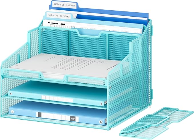 Lavatino Desk Paper File Organizer - Metal Mesh with 2 Letter Trays, 7 Flexible Dividers, 2 Vertical File Folder Holders for Office/Home/Classroom Supplies, Desk Organizers and Accessories, Blue