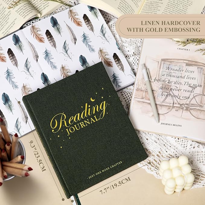Lanpn Reading Journal Book Journal for Book Lovers Readers, 9.3" x 7.7" Book Tracker Journal, Linen Hardcover Reading Log Book with 52 Book Reviews, 158 Pages Reading Notebook Bookish Gifts (Green)