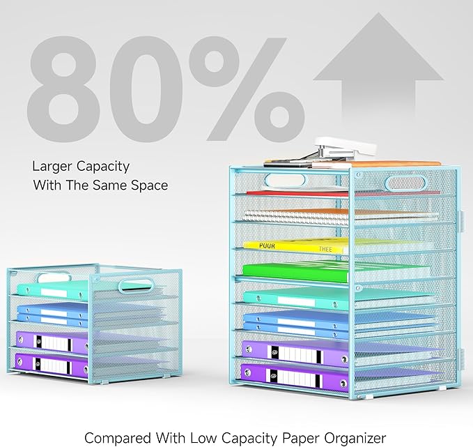 9 Tier Paper Organizer with Handle, Large Capacity Desk Organizer Mesh File Folder Letter Paper Tray Desktop Document Sorter for Classroom, School, and Office Accessories Organization- Blue